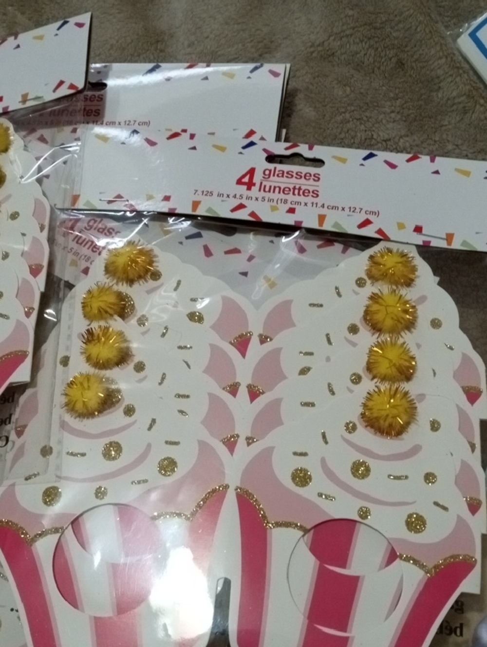 💲1⃣▶Pink & White Cupcake Party Glasses with Gold Glitter & Yellow Pom-Poms X8